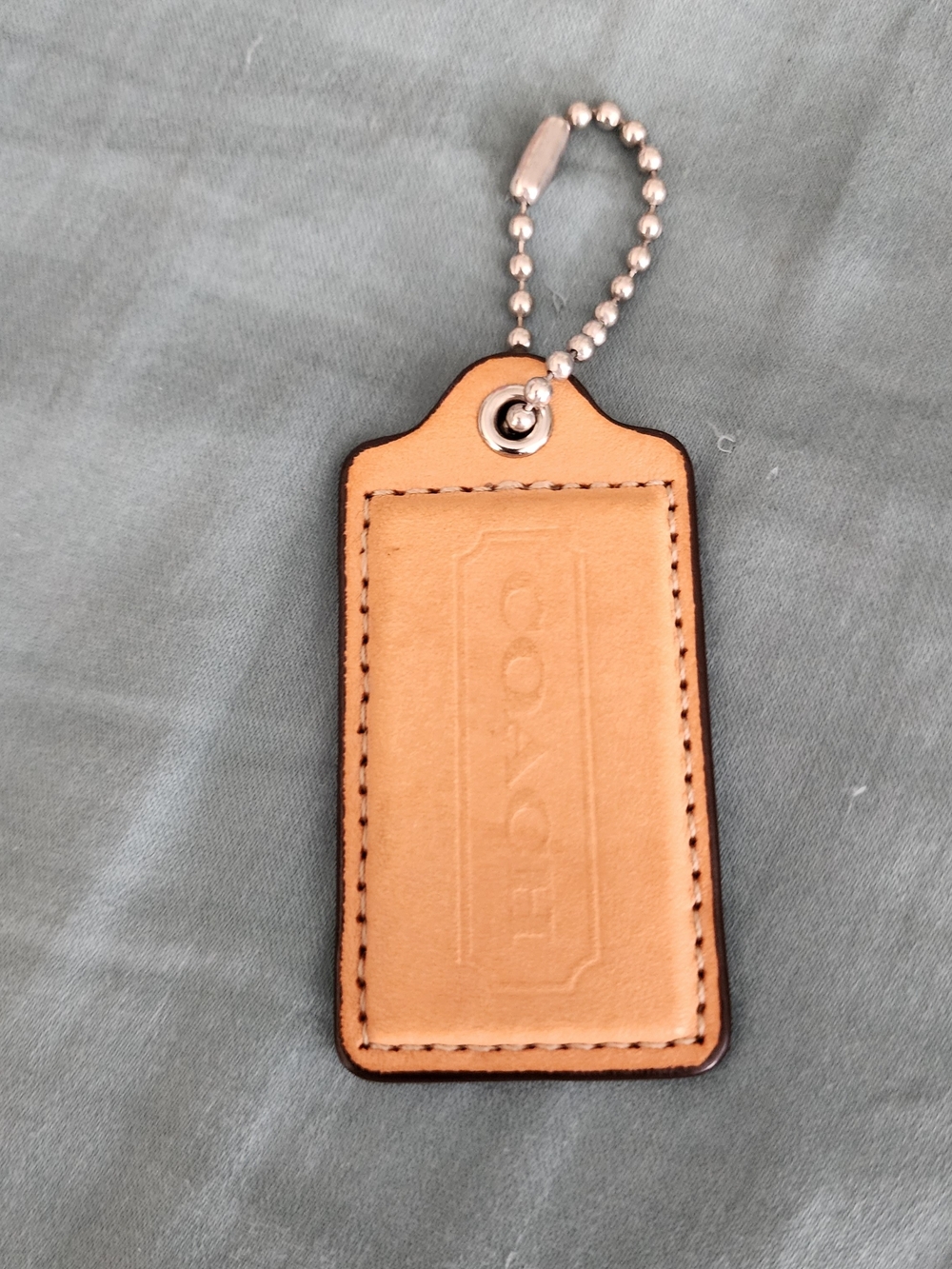 Large Coach Tan Leather Hangtag (3") with Silver Ball Chain